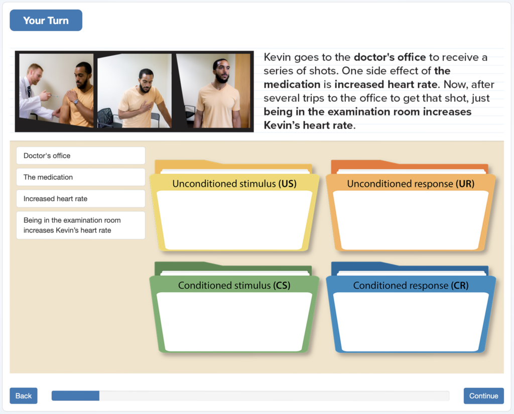 Drag and drop activity that reinforces the concept of unconditioned stimuli, unconditioned responses, conditioned stimuli, and conditioned responses.